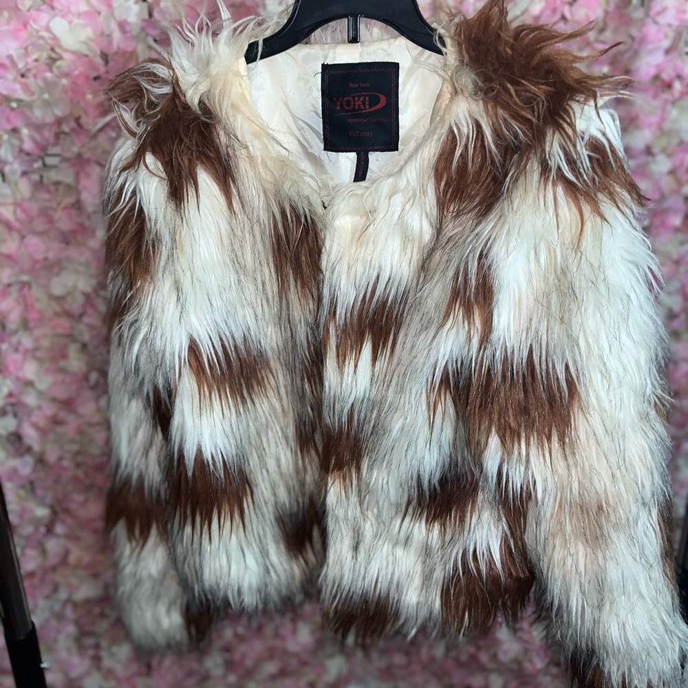 Yoki Faux Fur Coat with Brown and Cream Pattern